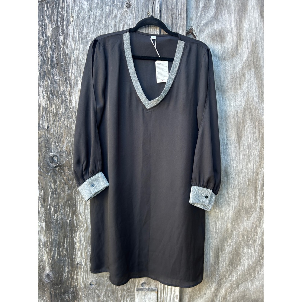 Sheer Black V-Neck Shift Cover Tunic Dress Silver Glitter Siren Resort McBling